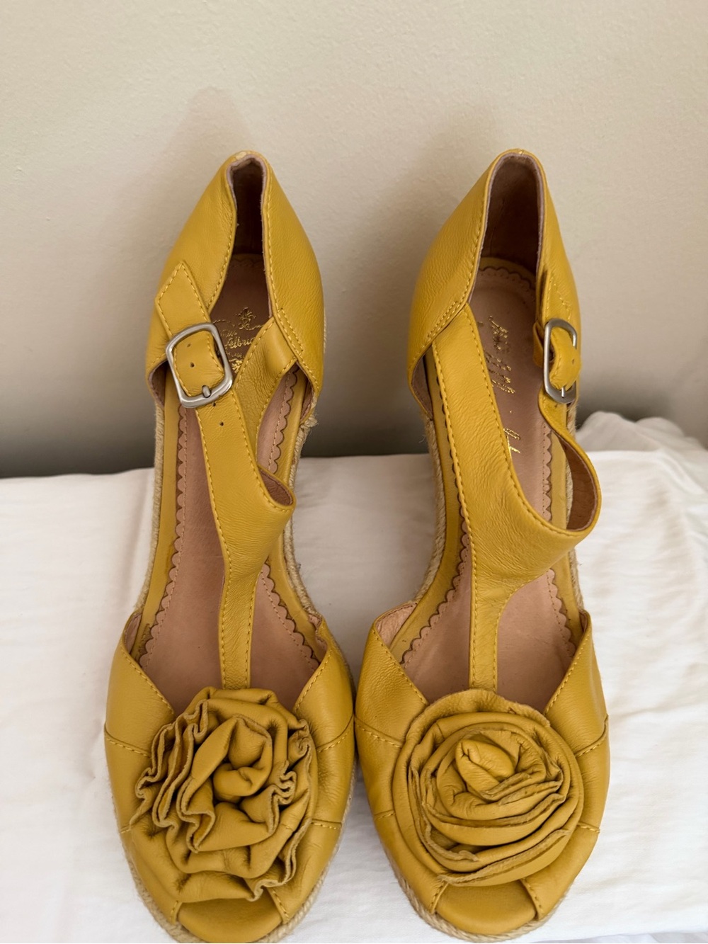 Miss Albright Yellow Leather Floral Rosette Wedge Sandals